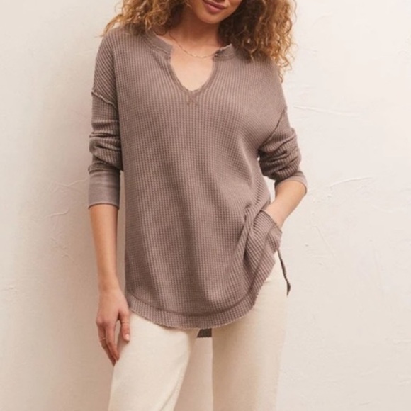 Z Supply Waffle Knit Henley Thermal Sweatshirt Top - Picture 9 of 9
